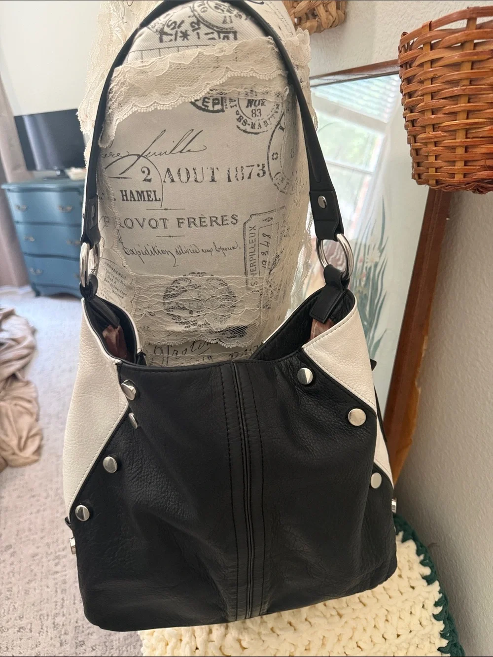 Black and White Studded Leather Hobo Bag by B Makowski
